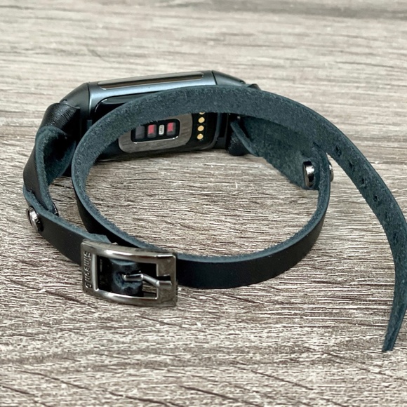 Double Wrap Black Leather Band for Fitbit Charge 5 Tracker Women Strap Bracelet - Picture 3 of 8